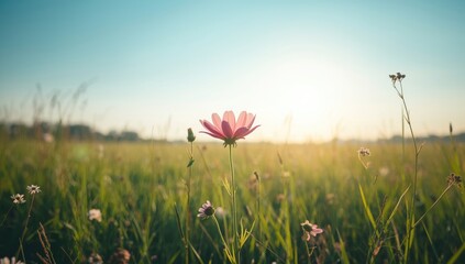 Vivid cosmos flower thriving in open meadow, emphasizing growth during spring