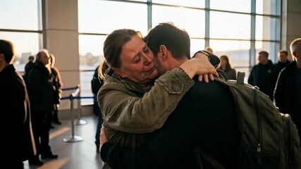 Emotional reunion hug at airport arrivals gate with warm golden hour sunlight streaming