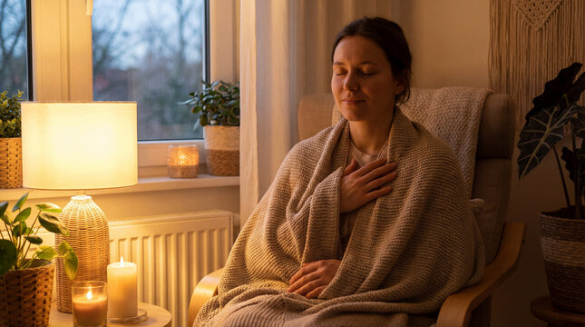 Woman relaxing under blanket in cozy candlelit room.