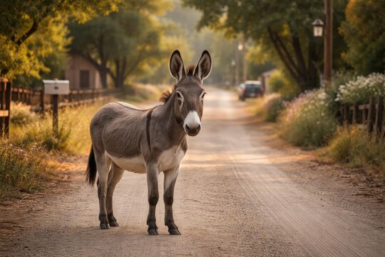 Wild burro captured in a serene rural street environment