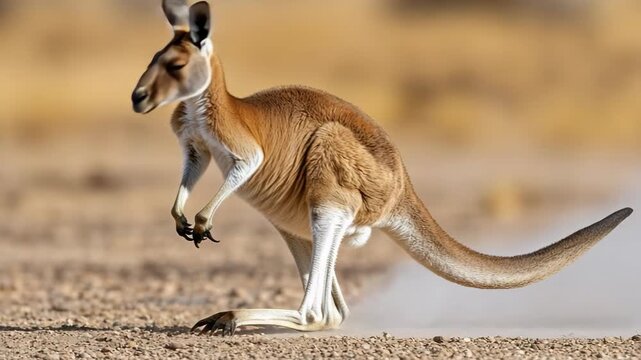 selective focus red kangaroo bounding across australian outback
