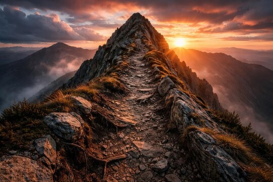 Steep rocky path leading to mountain summit with erosion threat at sunset