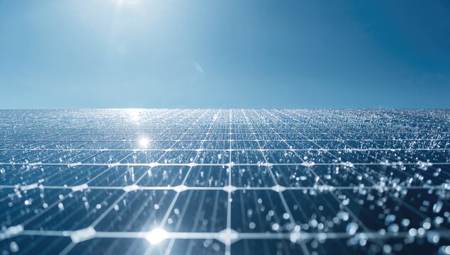 Close-up of photovoltaic cells in a solar energy facility aligned to maximize sunlight absorption, World Environment Day