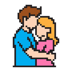 Obraz premium Pixel art hugging couple icon for Valentine’s Day. Cute 8-bit romantic love, relationship, dating, and wedding symbol for game, app, sticker, card, and social media holiday design. 