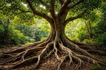 Vigorous young Ficus highlighting above ground roots against natural backdrop