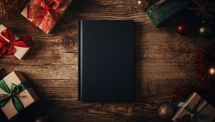 Blank black book cover mockup featuring a festive gift box and Christmas decorations on wooden surface, ideal for seasonal design