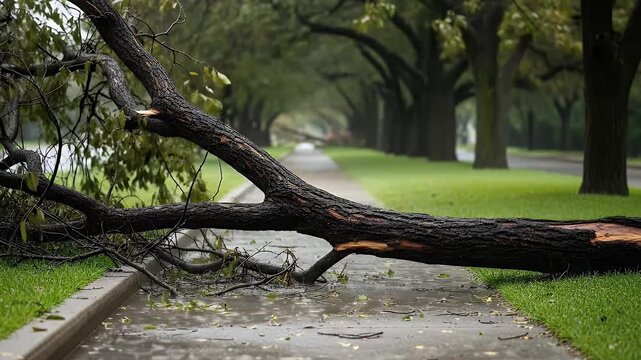 A large, dark, wet tree branch lies dramatically fallen across a wet residential sidewalk, a clear sign of recent adverse weather or strong winds. Puddles reflect the overcast sky, and scattered wet l