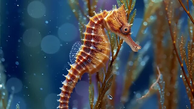 Seahorse swims gracefully through the vibrant underwater kelp forest in a deep blue marine habitat.