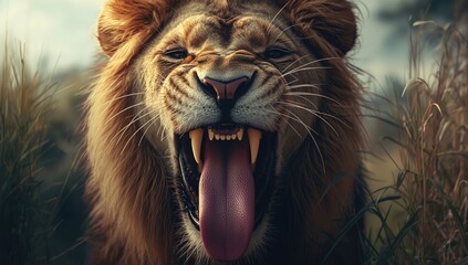 Naklejka premium Detailed view of lions tongue and teeth carnivore traits, wildlife preservation, Earth Day