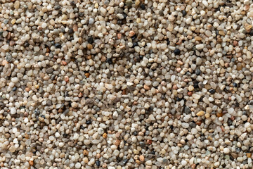 Close-up view of small, fine grains of pea gravel (2-3 mm) observed from an overhead perspective. 