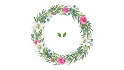 Beautiful floral wreath with pink roses and green leaves isolated on transparent background