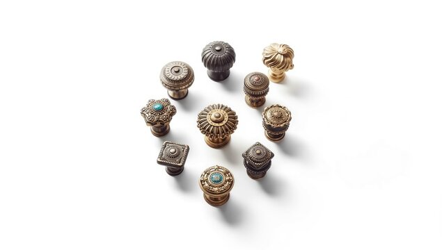 Furniture fittings featuring kitchen cabinet handles and knobs displayed against a plain white backdrop