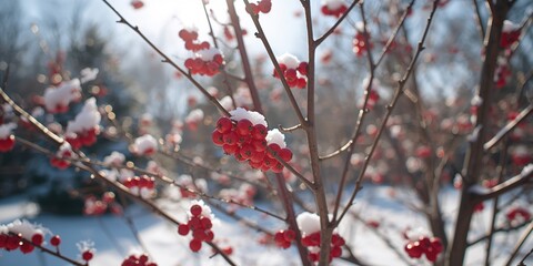 Snow-covered Bradford pear fruit in winter, highlighting seasonal change and tree health, Earth Day