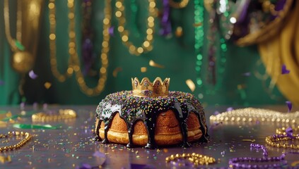 Traditional king cake adorned with vibrant beads and ornaments, Mardi Gras festival,
