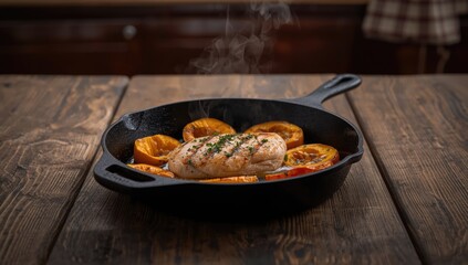 Cooked chicken breast with pumpkin in pan, focusing on balanced protein and carbohydrate ingredients