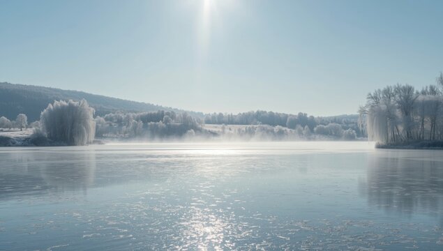 Snow-covered winter scene featuring a frozen lake and forest, highlighting climate resilience efforts