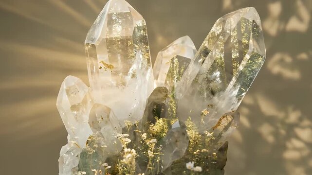 A magnificent close-up captures a cluster of clear, multifaceted crystals, radiating with an ethereal glow as warm light refracts through their pristine surfaces. Delicate green foliage and tiny white