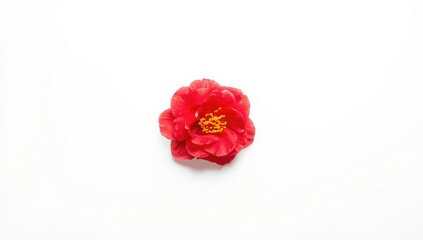 Fototapeta premium Camellia flower with red curly petals and yellow stamens, arranged for botanical illustration, World Flora Day