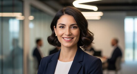 Fototapeta premium Smiling Businesswoman Standing in Modern Office Environment with Colleagues in Background