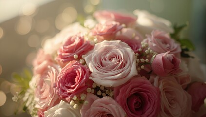 Obraz premium Detailed view of pink, magenta, and white roses, used as a floral decor element in a setting