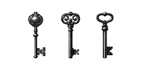 Three antique metal keys, detailed in shades of grey, against a stark black background