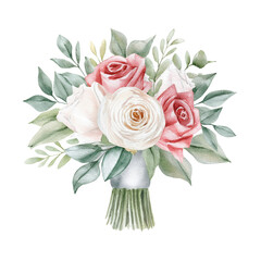 Fototapeta premium Watercolor of white and pastel pink roses with a ribbon on a white background. Bridal bouquet. Ideal for Valentine's Day, a wedding, a party, romantic decorations, or creations with a love theme.