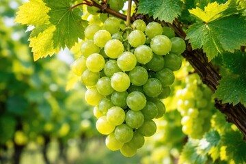 Obraz premium Closeup of bright green grapes growing on vine complemented by vibrant vineyard leaves