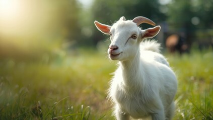 Obraz premium Single white goat within zoo setting, focusing on species conservation and habitat management