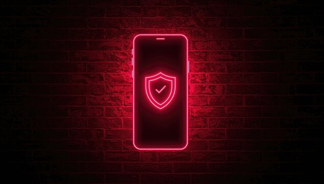 Bright neon mobile device featuring shield symbol against brick wall, illustrating smartphone safety and insurance