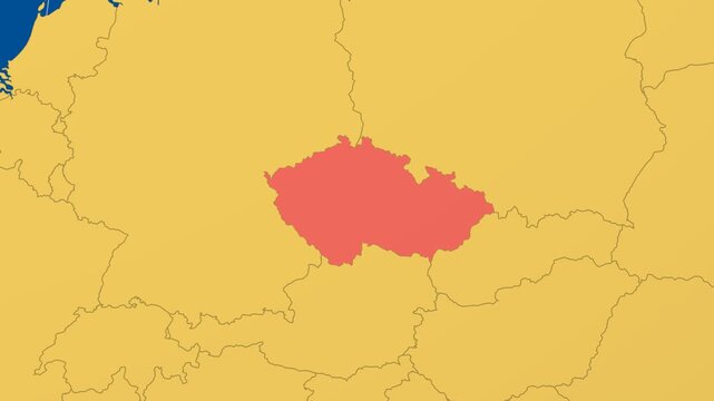 Czechia on Globe. Animated zoom into the country in Ocean Blue Golden Yellow color palette. Czechia logo animation. Map with meridians, parallels. Creative video.
