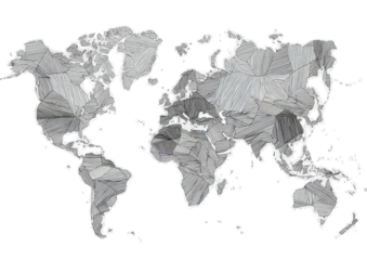 Geometric grayscale illustration of the world map with polygonal patterns, clean background