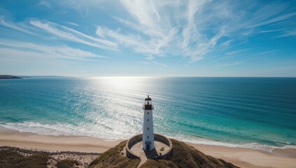 Bird's-eye perspective of a lighthouse perched on rugged cliffs, highlighting erosion concerns and coastal landscape stability