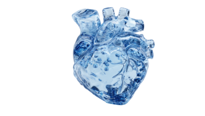 A transparent, blue anatomical heart isolated against a stark black background