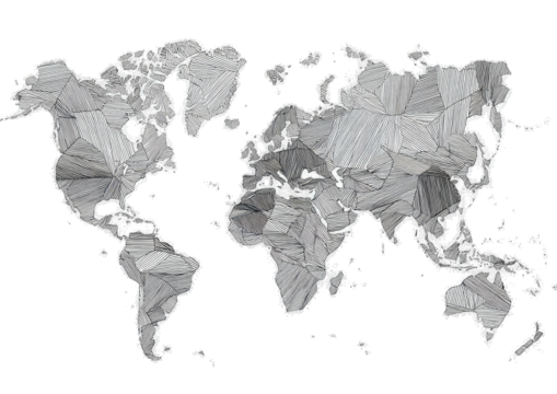 Geometric grayscale illustration of the world map with polygonal patterns, clean background - Powered by Adobe