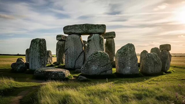 A majestic ancient stone monument stands proudly amidst a vast, open grassy field under a dramatic, partly cloudy sky. Massive, weathered megalithic structures, many covered in green lichen, are arran