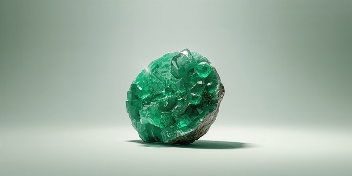 Close-up of emerald gem geode crystals revealing intricate mineral structures, ideal for educational geology displays, Earth Day