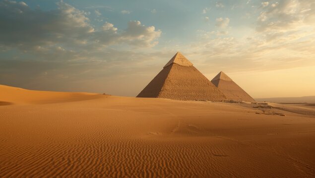 Giza sands feature the Pyramid of Chephren and Cheops, highlighting historical monument preservation