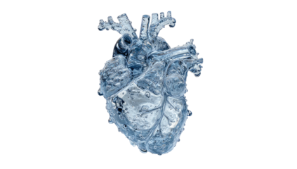 A transparent, anatomical heart rendered in a blue-tinted, crystalline form, isolated on black