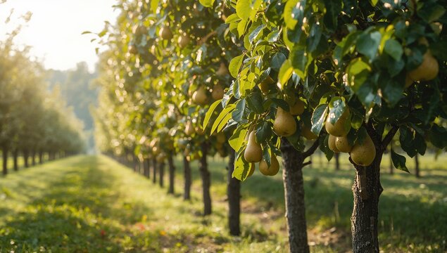 Conference pear trees in lush orchards with ripe fruits ready for harvest in September, serving as a natural agricultural setting