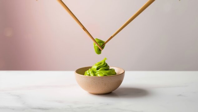 Wasabi sauce in dish with utensils on vibrant background, highlighting condiment application in cuisine