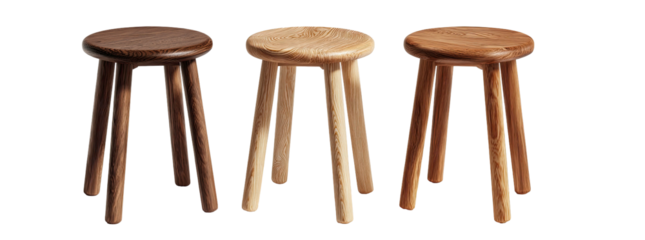 Three wooden stools of differing color hues, round seats and three supporting legs