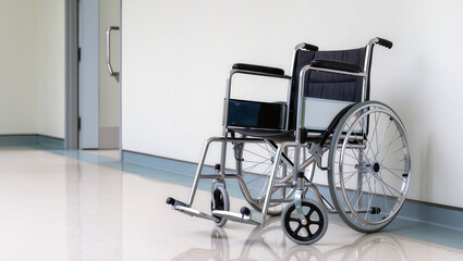 Wheelchair critical condition medical equipment mobility aid healthcare facility hospital corridor empty space