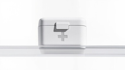 First aid kit critical condition medical box on glass shelf with white background