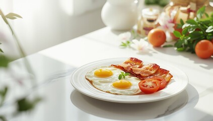 Breakfast plate featuring sunny-side-up eggs, bacon strips, and sliced tomato, highlighting a protein-rich meal