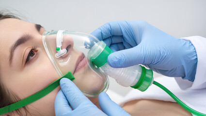 Oxygen mask on patient face in critical condition with medical professional wearing blue gloves providing care and support in hospital setting
