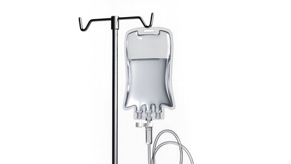 Intravenous fluid bag hanging on metal stand with tube attached for critical condition medical treatment in hospital or emergency care setting