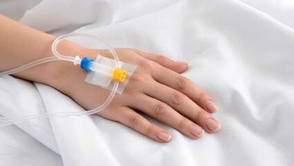 Intravenous catheter inserted in hand of patient in critical condition resting on white hospital bed sheet with medical tubing attached