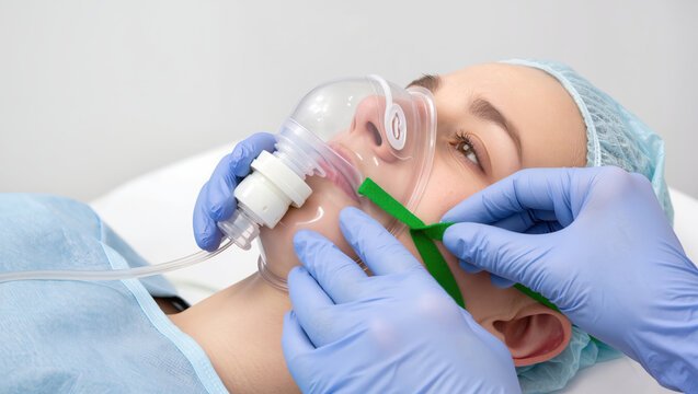 Patient critical condition receiving oxygen mask treatment in hospital with medical staff wearing blue gloves