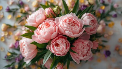 Peonies flowers and petals in bloom on a spring floral background, suitable for greeting card design