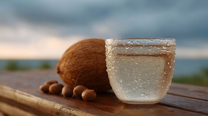 A refreshing coconut drink with condensation sits on a wooden table with a coconut and nuts overlooking a calm sea at twilight
